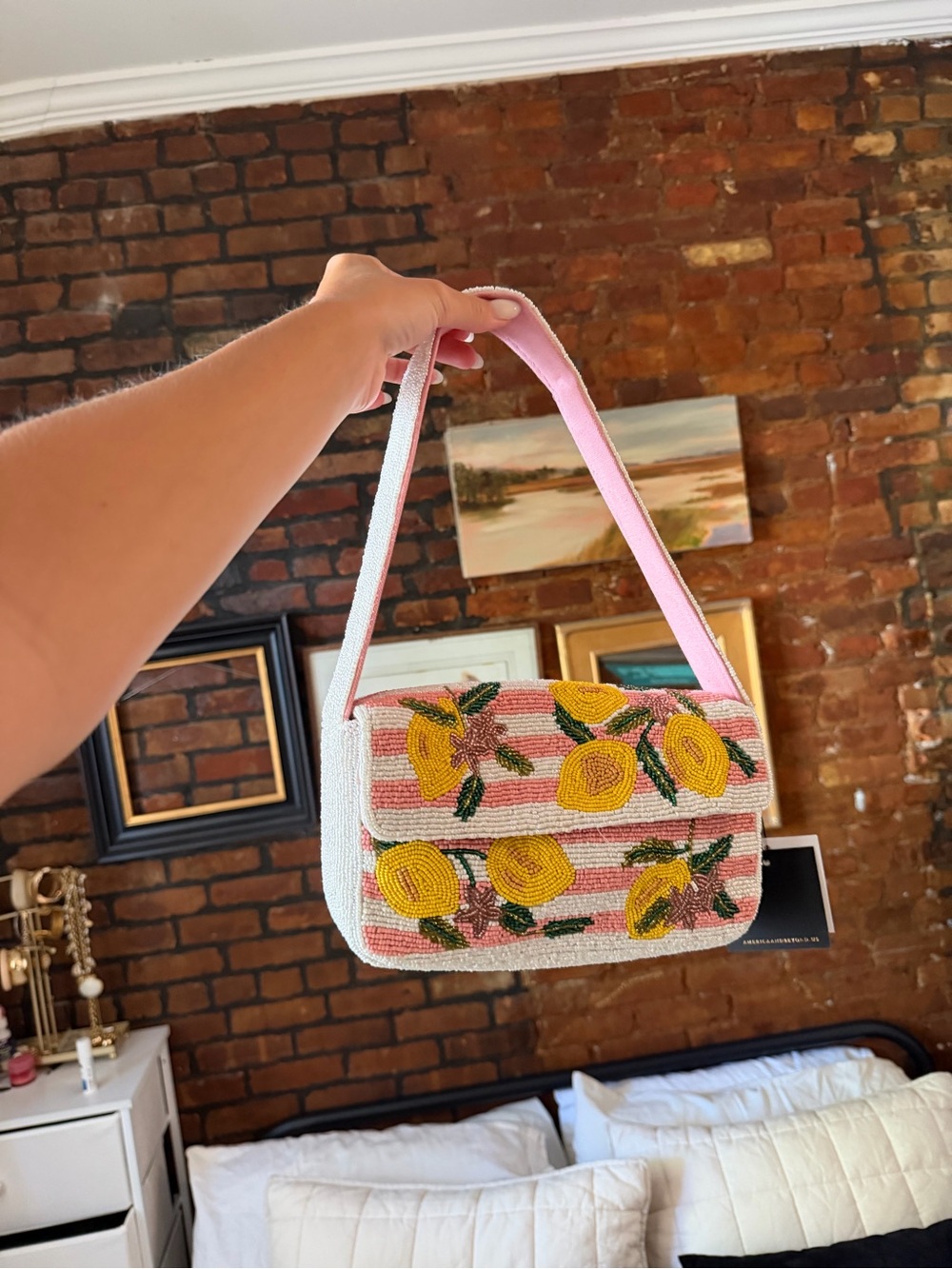 Beaded Floral Shoulder Bag in Pink and Yellow Lemons